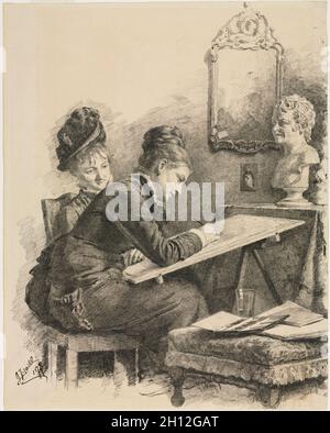 Deux femmes l'ébauche d'une sculpture, 1878. Gabriel von Hackl (allemand, 1843-1926). Plume et encre noire ; Banque D'Images