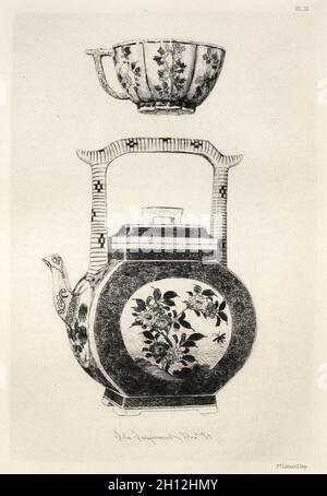 Réservez par Albert Jacquemart : Histoire de l'Art de la céramique : étude descriptive et philosophiques de la céramique de tous âges et de tous les Pays : Japon : la décoration artistique- soucoupe sur sol riche, et le Médaillon émaillé représentant la déesse Kouanin (Planche IV), 1877. Jules Jacquemart (Français, 1837-1880). Fiche technique : eau-forte, 25,5 x 18 cm (10 1/16 x 7 1/16 in.) ; platemark : 19,1 x 13 cm (7 1/2 x 5 1/8 in.). Banque D'Images