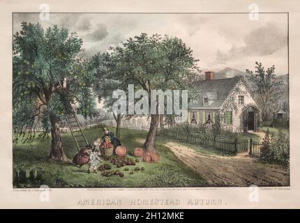 American Homestead, Automne, 1869. Et James Merritt Ives (Américain, 1824-1895), Nathaniel Currier (Américain, 1813-1888). Lithographie, coloriés à la main ; Image : 21 x 31,7 cm (8 1/4 x 12 1/2 in.). Banque D'Images