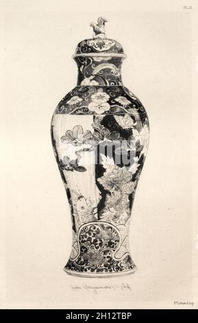 Réservez par Albert Jacquemart : Histoire de l'Art de la céramique : étude descriptive et philosophiques de la céramique de tous âges et de tous les Pays : Japon : Chrysanthemo-Paeonian la famille. -Jar, 'Potiche', avec le chien de Fo, et d'une carpe sautant hors de l'eau (planche III), 1877. Jules Jacquemart (Français, 1837-1880). Fiche technique : eau-forte, 25,5 x 18 cm (10 1/16 x 7 1/16 in.) : platemark ; 19,3 x 13 cm (7 5/8 x 5 1/8 in.). Banque D'Images