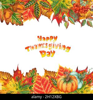 Cadre en feuilles d'érable, d'orme, de chêne, de bouleau, de rowan et de citrouille d'automne.Cadre festif pour Thanksgiving, festival de la moisson.Aquarelle illustration isola Banque D'Images