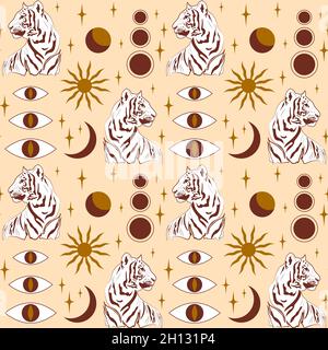 Motif avec la tête d'un tigre chinois, soleil et lune, symboles ésotériques. Illustration de Vecteur