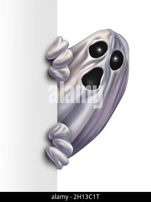 Un monstre fantôme qui se cache derrière un panneau blanc vierge en tant que zombie accroupié se cachant derrière un panneau d'affichage vertical comme un concept de message d'Halloween. Banque D'Images