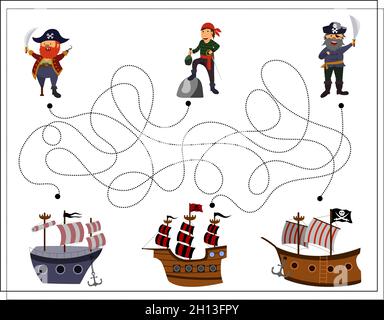 Un jeu pour les enfants, passez par un labyrinthe, des pirates et un bateau pirate. Vecteur isolé sur un fond blanc Illustration de Vecteur