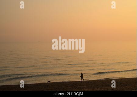 Une jeune femme marchant son chien près du bord de l'eau à Hove Beach dans des tons chauds et doux au coucher du soleil en octobre, East Sussex, Angleterre. Banque D'Images