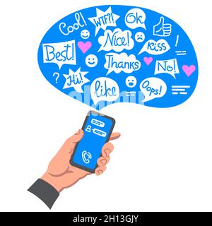 Illustration de la main tenant le smartphone et des discussions de communication Illustration de Vecteur