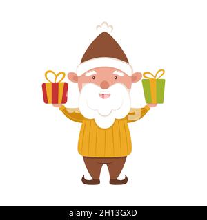 Petit gnome avec boîtes cadeaux.Joyeux père Noël dans un joli chapeau d'hiver et un chandail jaune.L'orf de Noël rit et prépare des cadeaux.Vacances Illustration de Vecteur