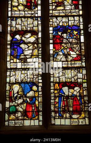 Royaume-Uni, Angleterre, Worcestershire, Great Malvern, Église du Prieuré,Chapelle Sainte-Anne, C15ème vitrail représentant l'histoire de Noé Banque D'Images