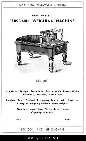 La liste des catalogues de Day et Millward présente une machine de pesage personnelle pour les hôpitaux, etc Banque D'Images