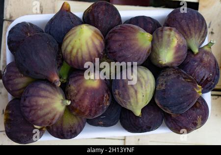 Figues violettes fraîches conditionnées sur des substrats en plastique sur le comptoir du marché agricole.Une alimentation saine Banque D'Images