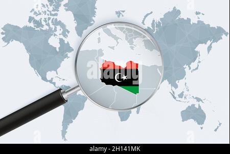Carte du monde avec une loupe pointant vers la Libye.Carte de la Libye avec le drapeau dans la boucle.Illustration vectorielle. Illustration de Vecteur