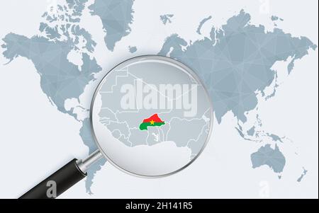 Carte du monde avec une loupe pointant vers le Burkina Faso.Carte du Burkina Faso avec le drapeau dans la boucle.Illustration vectorielle. Illustration de Vecteur