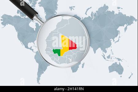 Carte du monde avec une loupe pointant vers le Mali.Carte du Mali avec le drapeau dans la boucle.Illustration vectorielle. Illustration de Vecteur