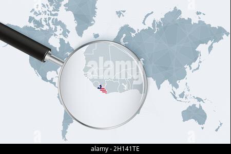 Carte du monde avec une loupe pointant vers le Libéria.Carte du Libéria avec le drapeau dans la boucle.Illustration vectorielle. Illustration de Vecteur