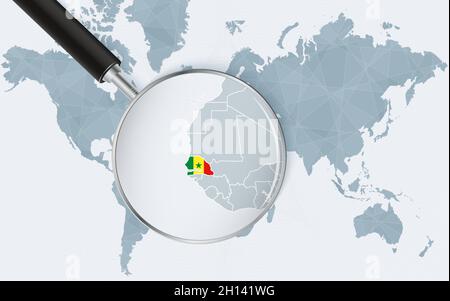 Carte du monde avec une loupe pointant vers le Sénégal.Carte du Sénégal avec le drapeau dans la boucle.Illustration vectorielle. Illustration de Vecteur