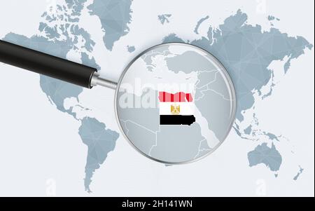 Carte du monde avec une loupe pointant vers l'Egypte.Carte de l'Égypte avec le drapeau dans la boucle.Illustration vectorielle. Illustration de Vecteur