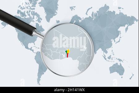 Carte du monde avec une loupe pointant vers le Bénin.Carte du Bénin avec le drapeau dans la boucle.Illustration vectorielle. Illustration de Vecteur