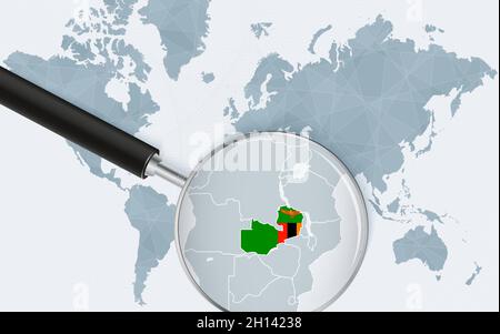 Carte du monde avec une loupe pointant vers la Zambie.Carte de la Zambie avec le drapeau dans la boucle.Illustration vectorielle. Illustration de Vecteur