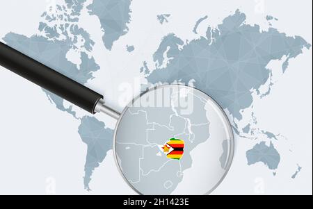 Carte du monde avec une loupe pointant vers le Zimbabwe.Carte du Zimbabwe avec le drapeau dans la boucle.Illustration vectorielle. Illustration de Vecteur