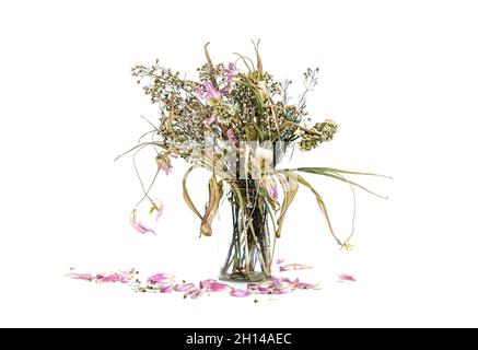 Bouquet de fleurs sauvages dans un vase en verre clair, Vintage filtré Banque D'Images