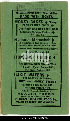 Intérieur de la couverture arrière de la brochure originale sur l'alimentation saine - Santé de la bibliothèque alimentaire no12, - celui-ci dans la série intitulé Honey and the Bee, par le célèbre auteur de la santé alimentaire de l'époque et propriétaire du premier magasin d'aliments de santé - James Henry Cook.Voici quelques-unes des spécialités de Pitman faites avec du miel.Pitman était une première compagnie d'aliments de santé.Publié à Birmingham en 1927. Banque D'Images