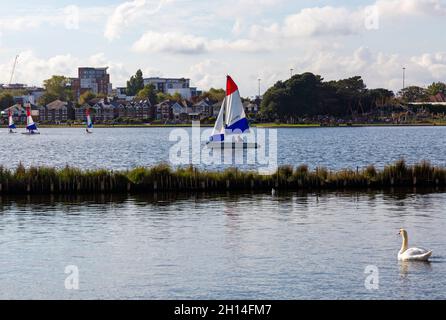 Poole, Dorset Royaume-Uni.16 octobre 2021.Météo au Royaume-Uni : belle journée chaude et ensoleillée à Poole avec des températures dans les années de forte adolescence que les visiteurs se rendent à Poole Park pour profiter des activités, de l'exercice et du soleil automnal.Crédit : Carolyn Jenkins/Alay Live News Banque D'Images