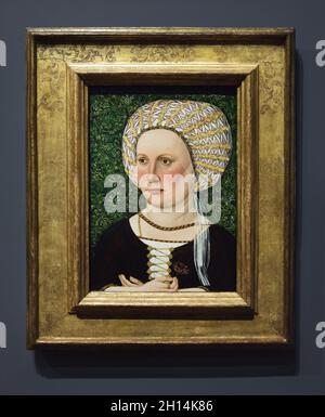 Peinture 'Portrait d'une femme portant un Bonnet or-entrelacé' par le peintre allemand de la Renaissance Jacob Elsner (1500) exposé à l'exposition 'Late Gothic' dans la Berliner Gemäldegalerie (Berlin Picture Gallery) à Berlin, Allemagne. Banque D'Images