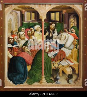 Dormition de la Vierge Marie représentée sur l'aile de l'retable Wurzach par le peintre médiéval allemand Hans Multscher (1437) exposé dans la Berliner Gemäldegalerie (Berlin Picture Gallery) à Berlin, Allemagne. Banque D'Images