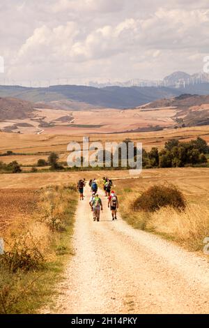 Groupe de pèlerins marchant dans la campagne espagnole entre Estella et Los Arcos sur la Camino de Santiago, chemin du pèlerinage de St James Banque D'Images