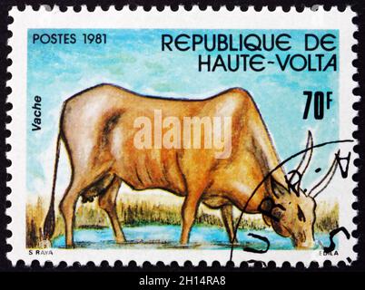 BURKINA FASO - VERS 1981 : un timbre imprimé au Burkina Faso montre la vache, animal de ferme, vers 1981 Banque D'Images