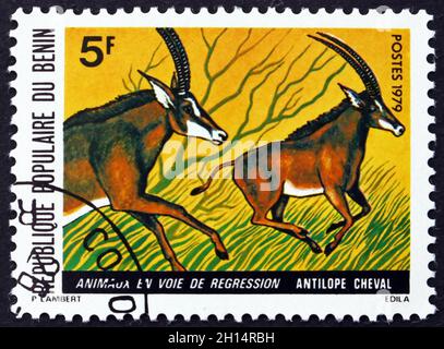 BÉNIN - VERS 1979 : un timbre imprimé au Bénin montre Antelope, vers 1979 Banque D'Images