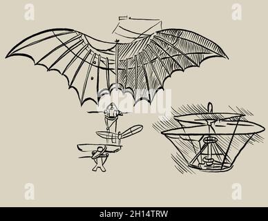 Illustration de la machine volante de Léonard de Vinci Banque D'Images