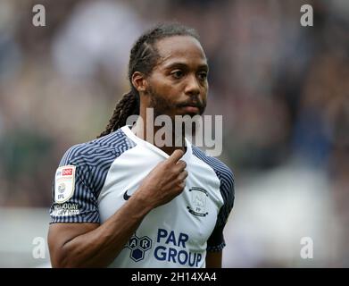 Deepdale Stadium, Preston, Lancashire, Royaume-Uni.16 octobre 2021.EFL Championship football, Preston North End versus Derby County; Daniel Johnson de Preston North End réagit à la fin du match sans but crédit: Action plus Sports/Alay Live News Banque D'Images