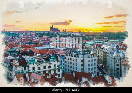 Dessin aquarelle de Top vue panoramique aérienne du centre historique de la vieille ville de Prague avec des bâtiments au toit en tuiles rouges et le château de Prague, Saint-Vitus C. Banque D'Images