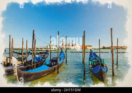 Dessin aquarelle des gondoles amarrées sur l'eau à Venise.Gondoles naviguant dans le bassin de San Marco.Île de San Giorgio Maggiore avec Campani Banque D'Images