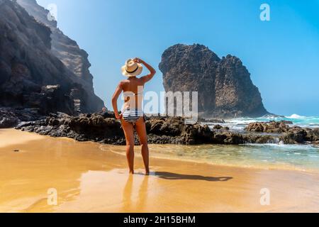 Vue arrière d'une jeune femme à Roque del Moro, plage de Cofete, parc naturel de Jandia, Barlovento, Espagne Banque D'Images