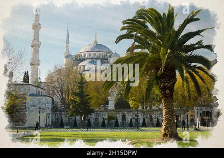 Dessin aquarelle du Sultan Ahmet Camii nommé Mosquée bleue islamique et palmiers turcs à proximité, Istanbul, Turquie Banque D'Images