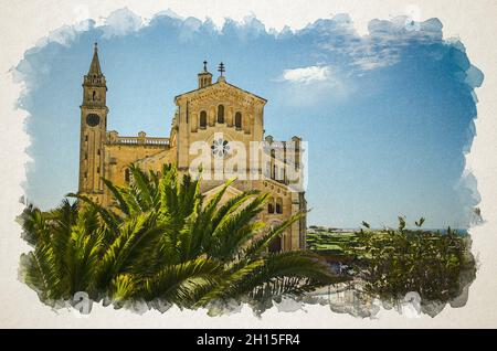 Dessin aquarelle du sanctuaire de Ta Pinu, Gharb Gozo Malte, la célèbre église de la Madonna sur l'île de Gozo, Malte Banque D'Images