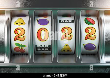 2022 bonne année au casino.Machine à sous avec le jackpot numéro 2022.illustration 3d Banque D'Images