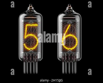 Indicateur du tube Nixie.Numéro 5 cinq et 6 six sur fond noir.illustration 3d Banque D'Images