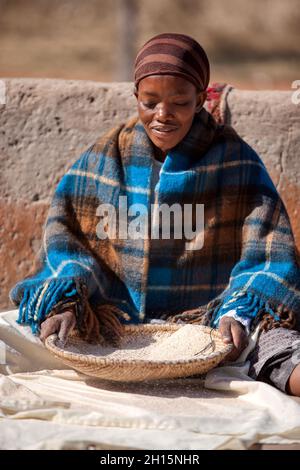 La vieille femme africaine meulant le sorgho d'une manière traditionnelle, au Botswana Banque D'Images