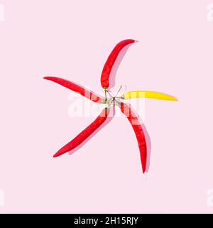 Quatre piments rouges et un piment jaune disposés sous forme d'étoile ou d'un moulin à vent.Fond rose pastel.Concept de mode de vie joyeux et sain Banque D'Images