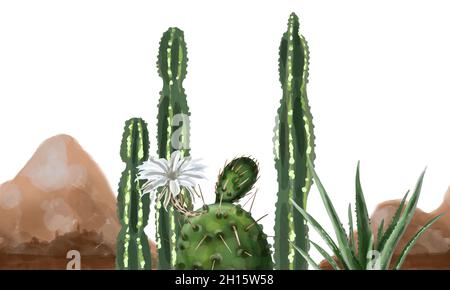 Motif aquarelle sans couture.Cactus et aloe vera Banque D'Images