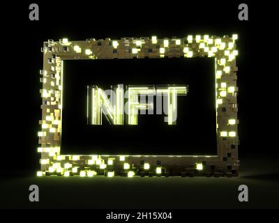 Cadre doré autour du mot NFT, pour jeton non fongible Banque D'Images