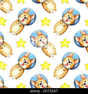 Aquarelle illustration d'un motif de corgi dans l'espace et les étoiles.Répétition uniforme des chiens astronautes.Chiot dans un espace.Aventure spatiale.Est Banque D'Images