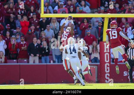 16 octobre 2021 : le grand récepteur Arkanyses Treylon Burks #16 monte pour une prise de contact.Auburn a battu Arkansas 38-25 à Fayetteville, AR, Richey Miller/CSM Banque D'Images