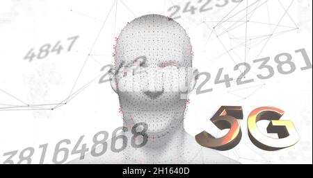 Image de 5g de texte sur la tête humaine et les nombres changeant avec le réseau de connexions en arrière-plan Banque D'Images