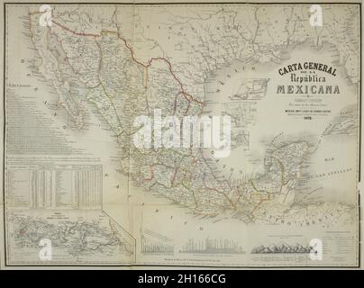 Ancienne carte en espagnol de la République du Mexique par C. Castro ca.1872. Les populations des grandes villes et des villes sont incluses ainsi que les hauteurs des diverses montagnes. Banque D'Images