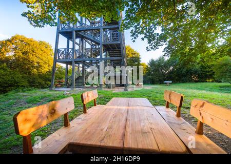 Tour en bois et table d'orientation du Mont Saint Rigaud, Haut Beaujolais Banque D'Images