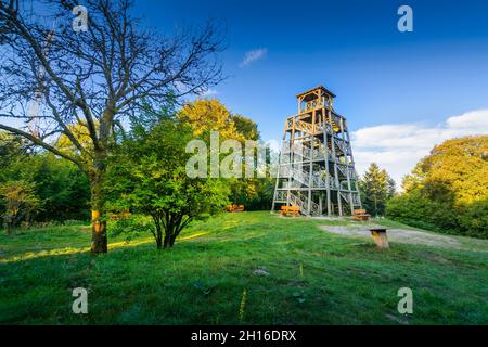 Tour en bois et table d'orientation du Mont Saint Rigaud, Haut Beaujolais Banque D'Images